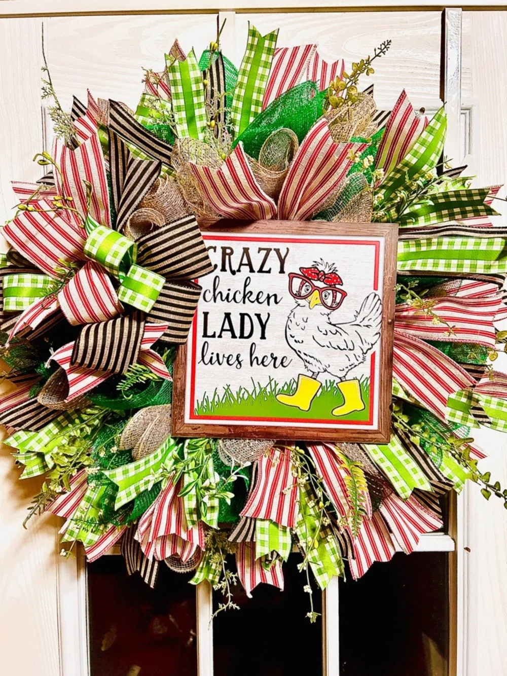 Handmade Crazy Chicken Lady Wreath - Green, Red & Yellow